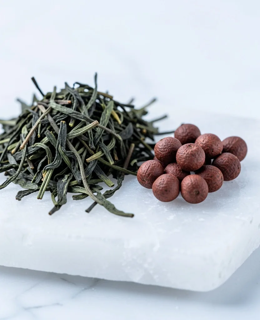 Green tea leaves and guarana seeds on a stone surface