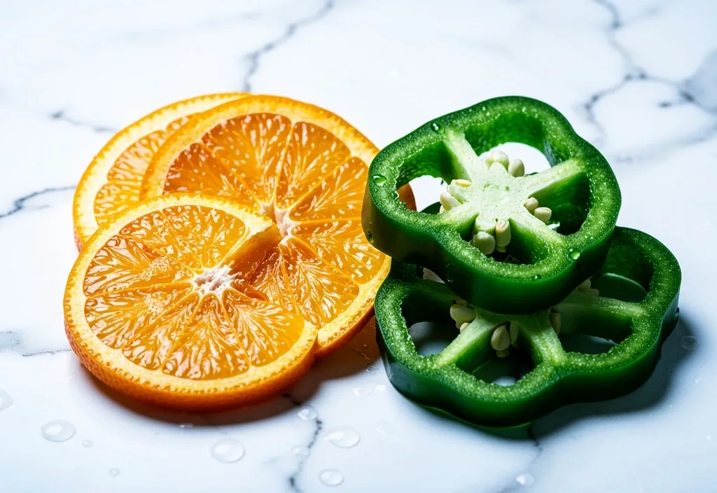 Citrus fruits and peppers on a marble surface