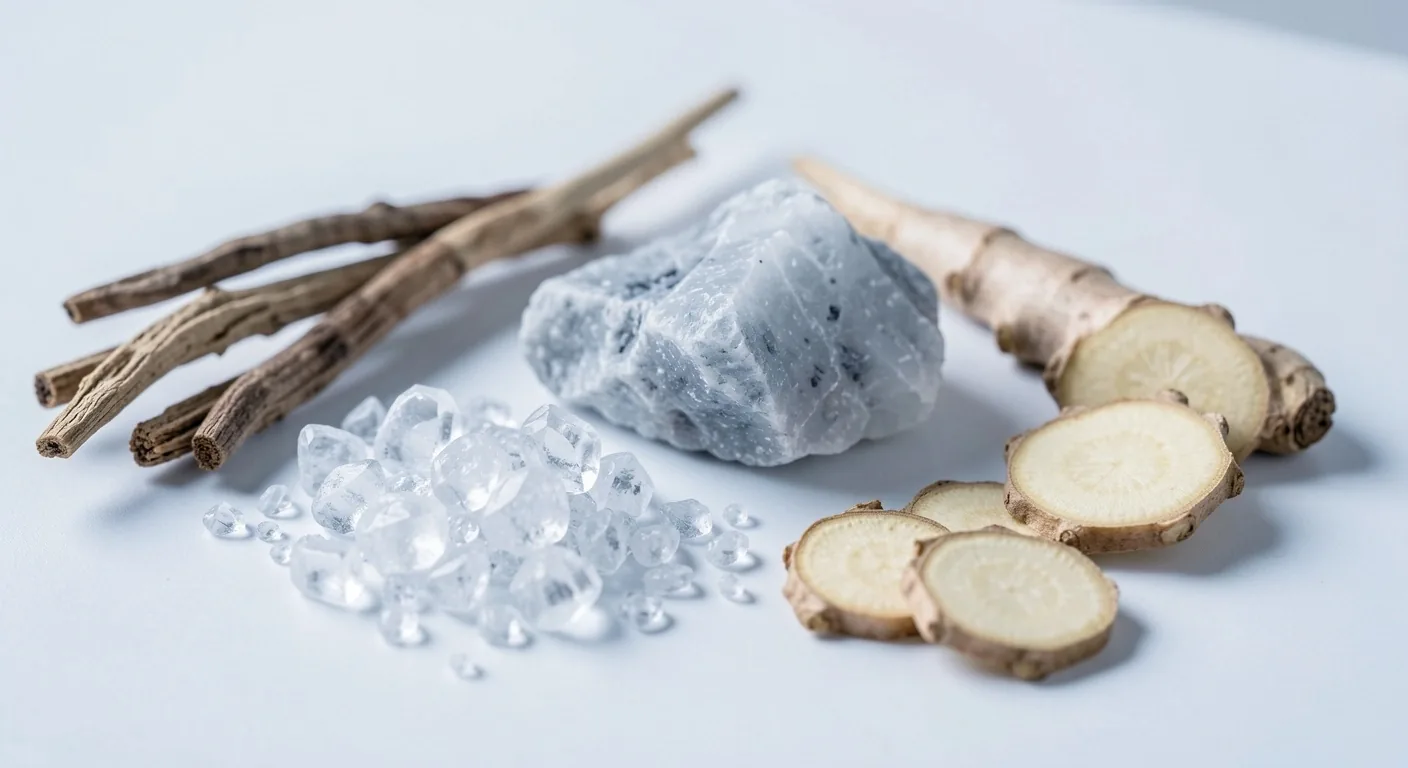 Mineral crystals and botanical roots on a laboratory surface