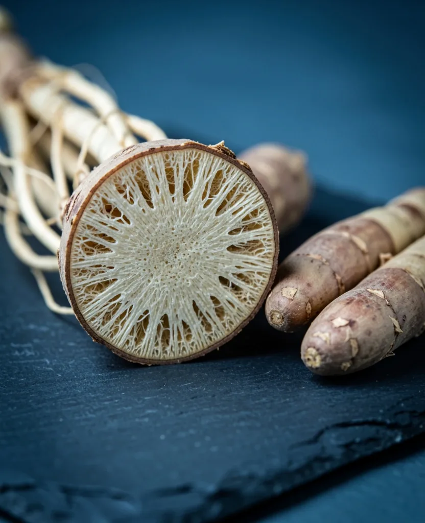 Cross-section of ginseng and ashwagandha roots