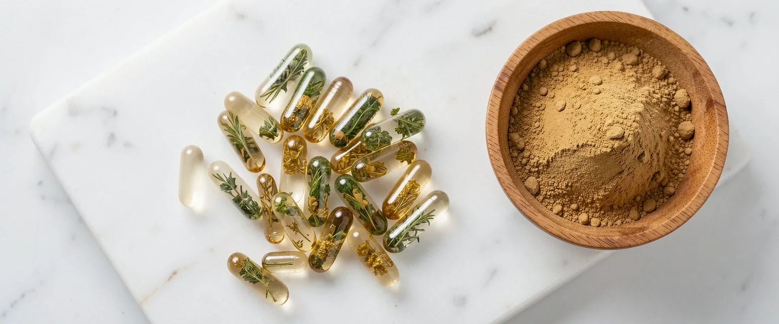 Natural herbal capsules arranged on a white surface