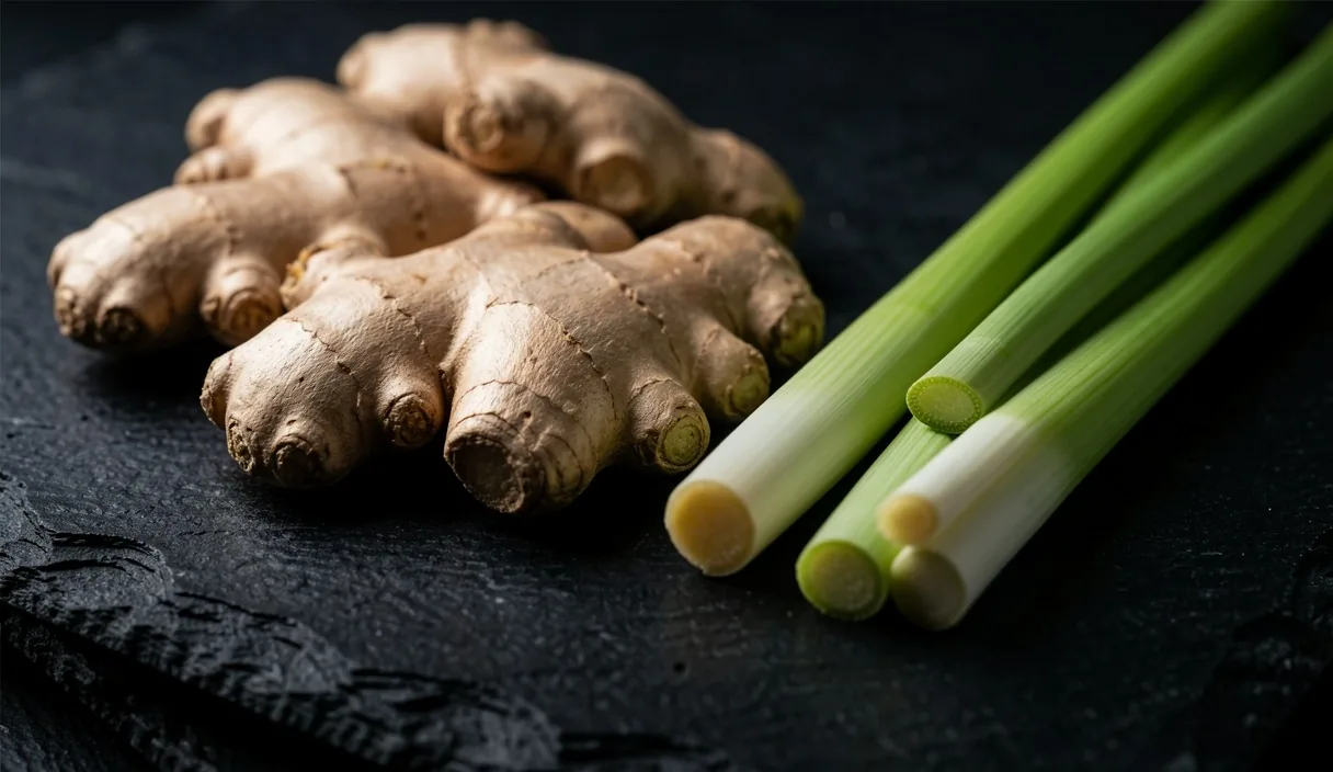Harvested herbal roots and leaves on dark slate